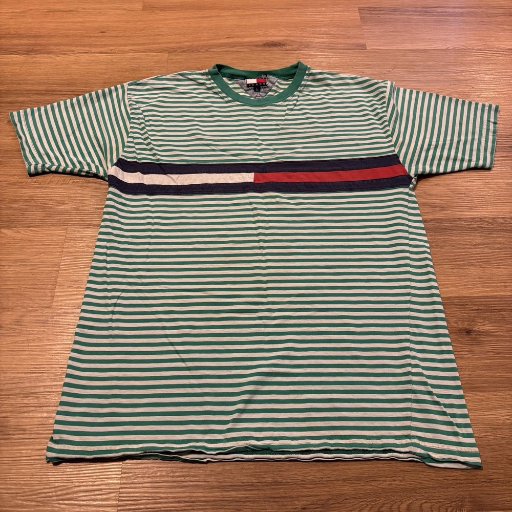 VTG 90s Tommy Hilfiger T-Shirt L (Fits M) Green Striped Flag Logo Distressed Y2K